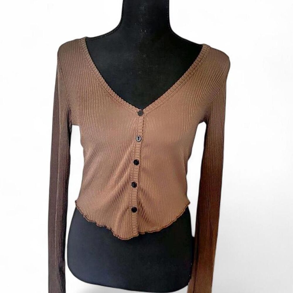 Dazy Brown Ribbed Knit V-Neck Button Up Top - Size XL